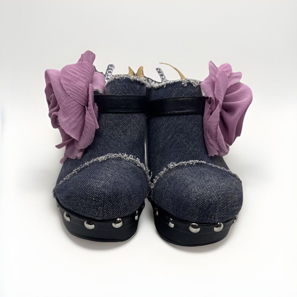 ShoeDazzle Women’s Denim Mule Clogs Pink Flower Platform Heels Studded Size 7 - Picture 2 of 11